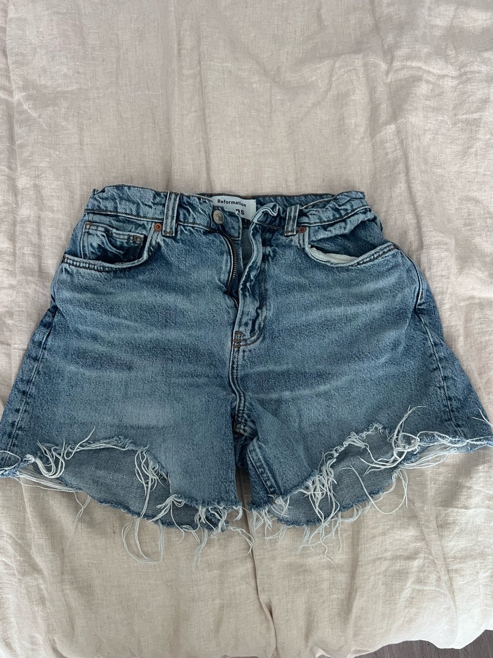Reformation Medium Blue High-Waist Distressed Denim Shorts